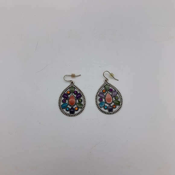 Silver Tone Colorful Enamel Rhinestones Teardrop Vtg. Dangle Drop Earrings - Picture 4 of 5